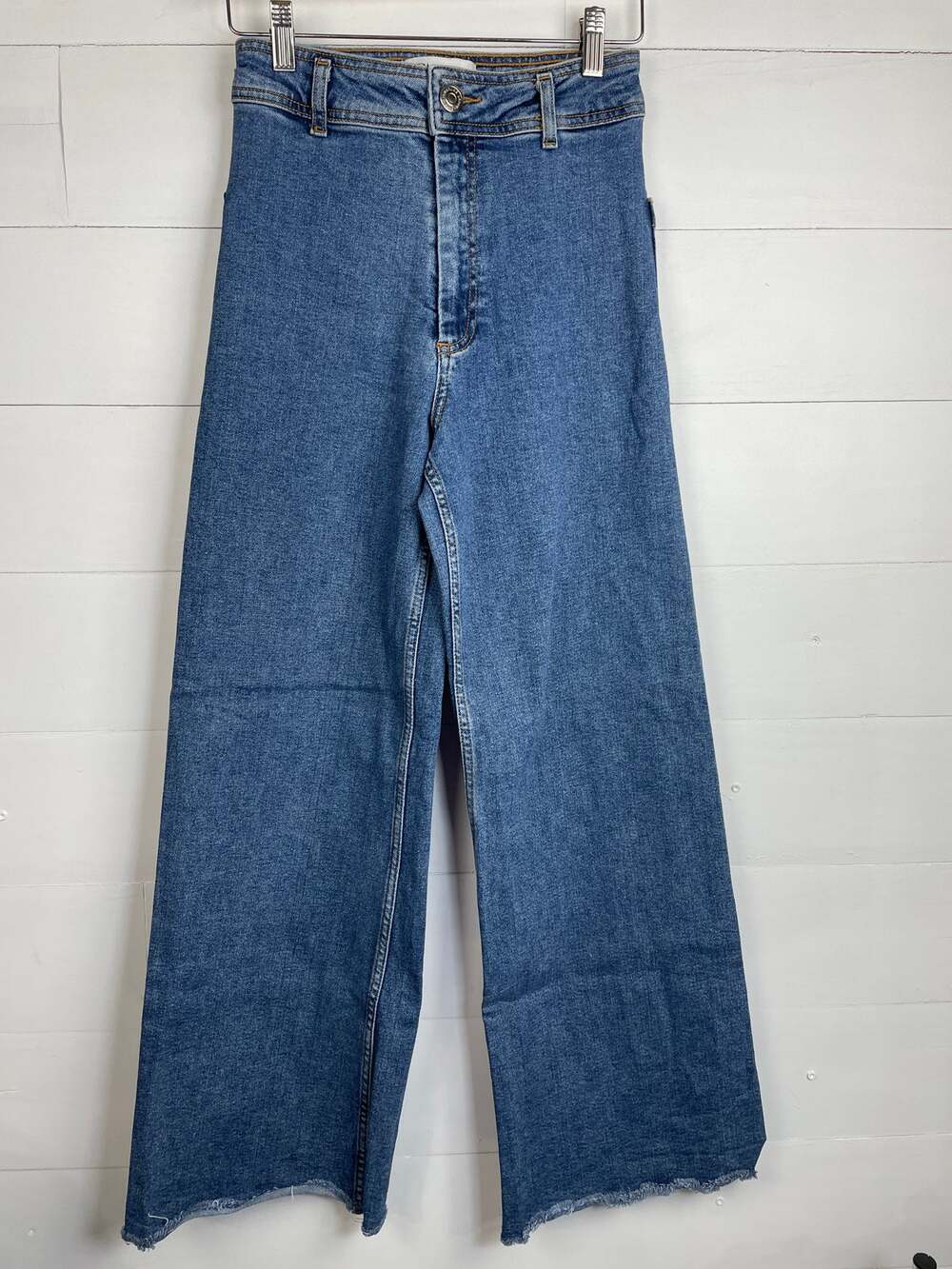 Zara The Marine Straight High Rise Wide Leg Jeans Blue Raw Hem Women's Size 4